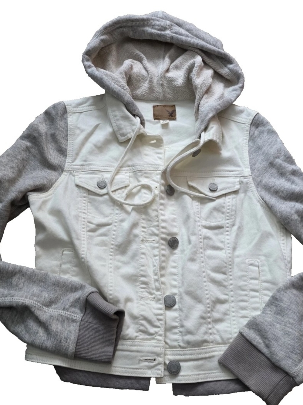 American Eagle Hooded Denim Jacket White & Gray Small